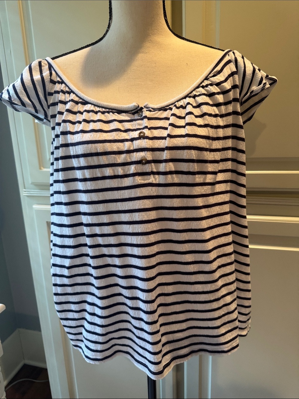 Old Navy White and Navy Striped Off-Shoulder Button-Front Top